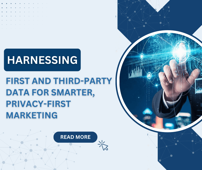 Business professional touching a digital interface with data visuals, representing data analytics and technology. Accompanying text reads ‘Harnessing First and Third-Party Data for Smarter, Privacy-First Marketing.