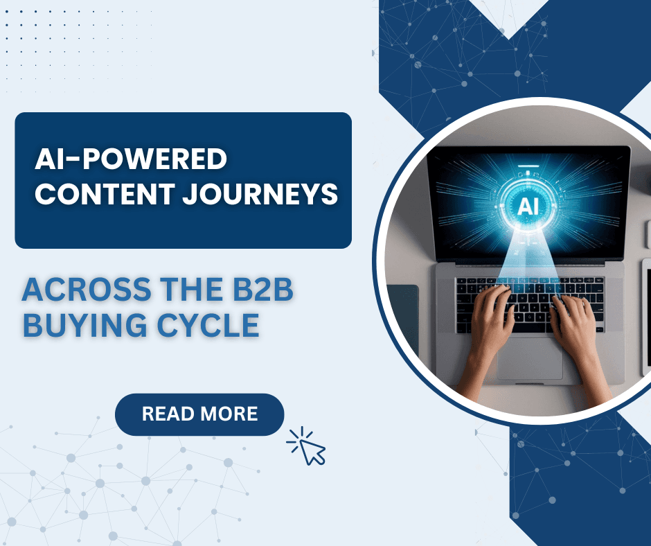 Laptop displaying an AI interface as hands type on the keyboard, with the headline “AI-Powered Content Journeys Across the B2B Buying Cycle” and a “Read More” button.