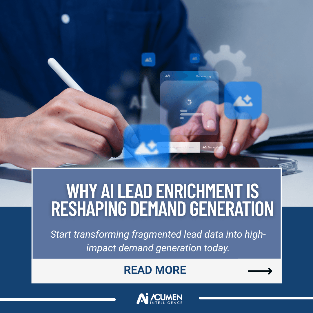 Person using a digital tablet with AI interface elements, promoting AI lead enrichment in demand generation with Acumen Intelligence branding.